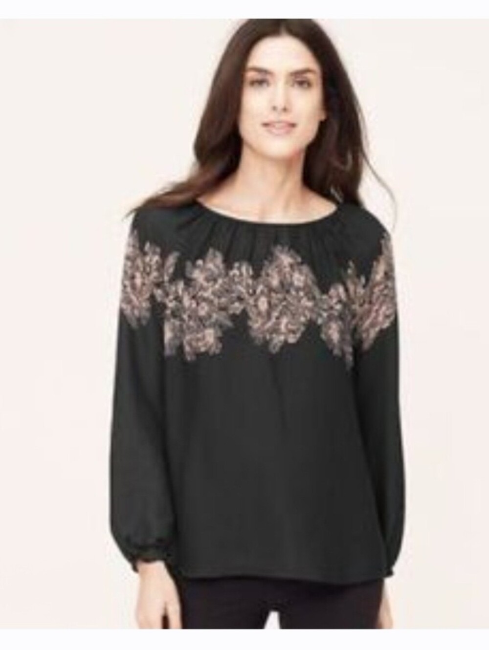 LOFT Black Blouse with Floral Embroidery